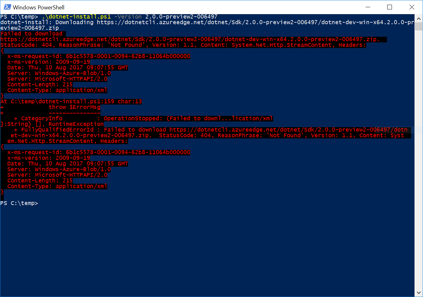 Powershell dotnet_install.ps1 -Version 2.0.0-preview2-006497 command result